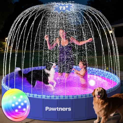 Pawtners 72 Foldable Dog Pool for Large Dogs 3 in 1 Portable Kids Swimming Splash Pool with Sprinkler & Light Non-Slip Heavy Duty Hard Plastic Pet Bathing Tub for Outdoor Backyard