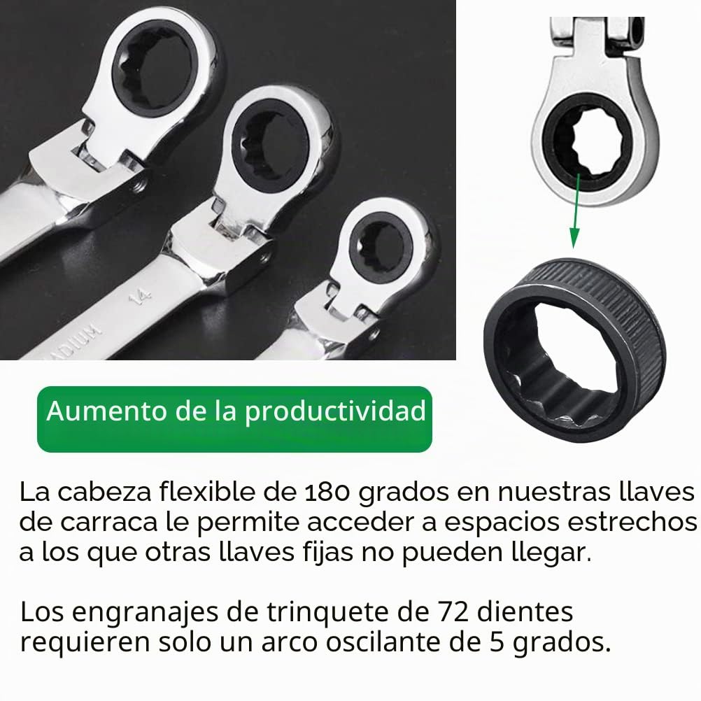 12 Piezas Juego de Llaves Combinadas Flexible, 8~19 Mm Juego de Llaves Carraca Métricas, Acero Al Cromo Vanadio, Cabeza Giratoria De 180°, Arco de Rotación de 5°, con Bolsa