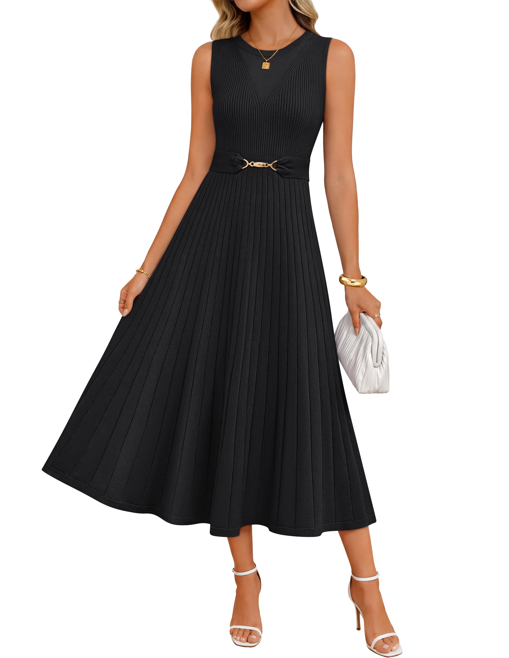 Womens Spring Sleeveless Midi Sweater Dress 2026 Summer Casual Pleated A Line Flowy Knit Long Dresses with Belt
