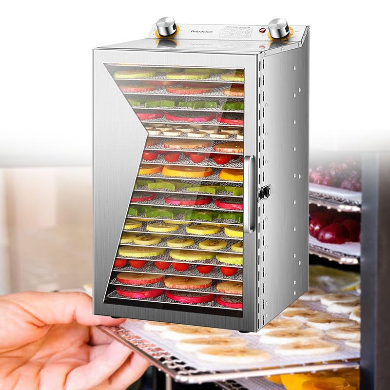 WEIMILOR Deshidratador de Alimentos de Acero Inoxidable, Superficie de Secado XXL, Temperatura Ajustable de 30 a 90 °C, 24 Horas de Uso, Libre de BPA, bandejas de Acero Inoxidable 12/18,18Layers