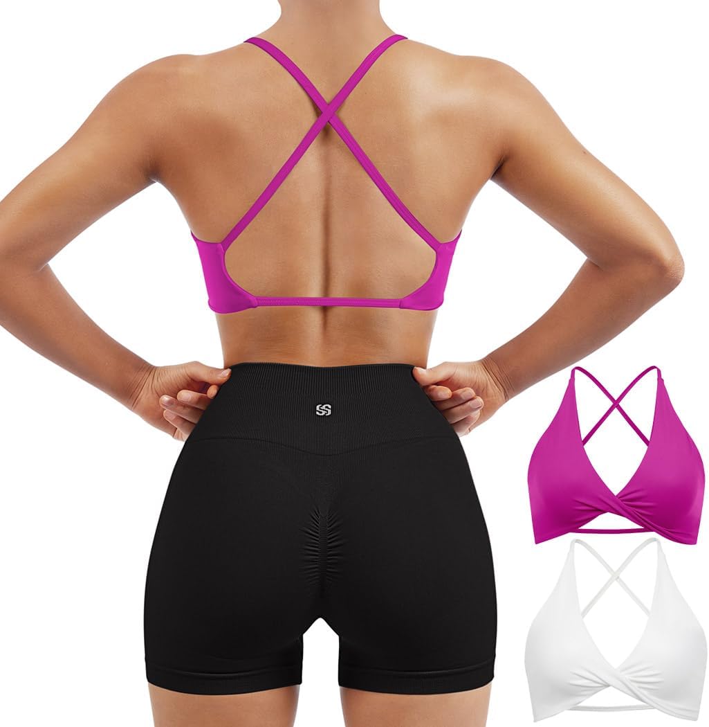 SUUKSESS Women 2 Piece Open Back Strappy Sports Bra Pack Twist V Neck Workout Crops