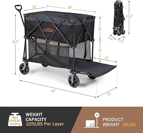 Miniatura 2 de FAIR WIND Carro plegable de doble piso, gran capacidad, resistente, con mango de extensión, ruedas grandes todo terreno para camping, deportes,