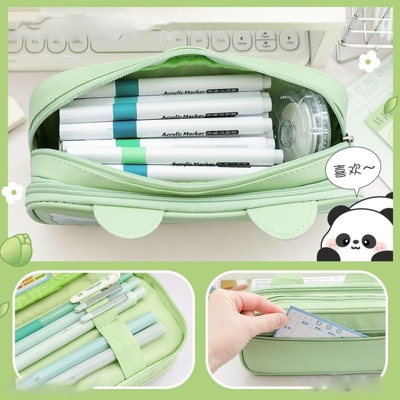 Image of Parshya Pencil Pouch Double Layer EVA Cute Pencil Case Aesthetic Pencil Case for Girls Large Capacity Pen Pencil Pouch Multifunctional Stationery Organizer for School (New Green Panda)