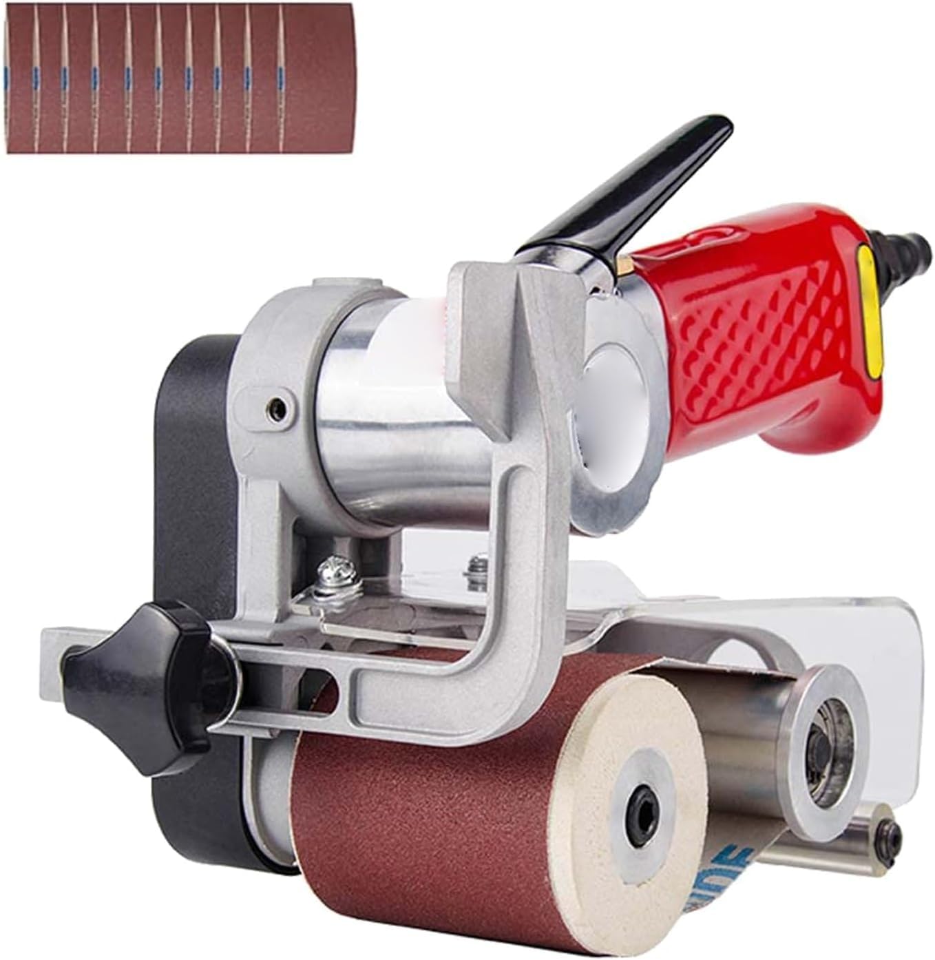 Eoweiot Pneumatic Roller Belt Sander - Handheld Grinding Machine, 7000 RPM, Adjustable Handle Angle for Wood, Metal, Aluminium