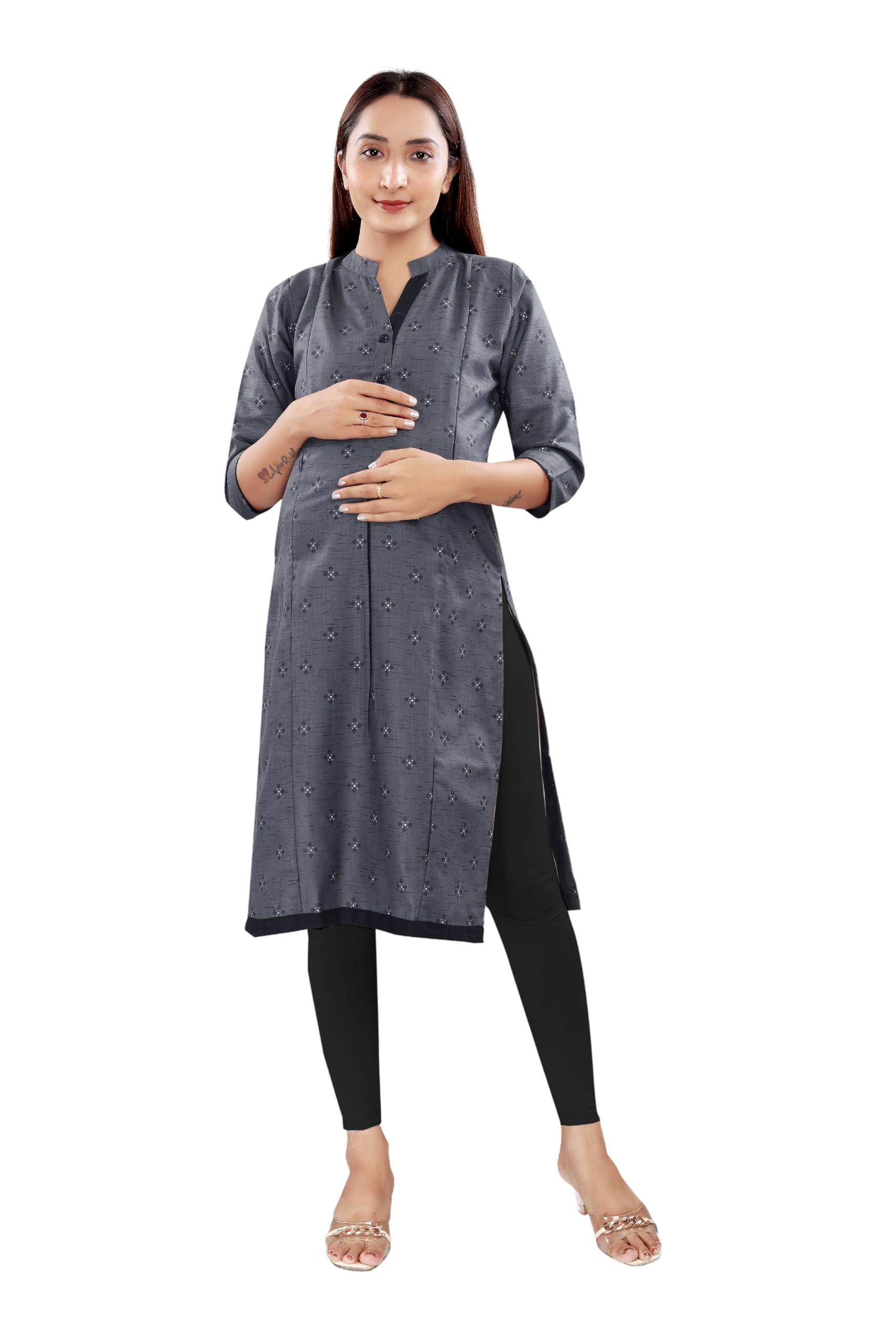 B2F Women's Printed Cotton Straight Maternity Kurti with Zipper, Feeding Kurta for Pre and Post Pregnancy
