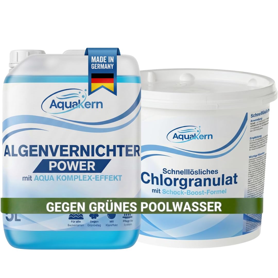 Schnelllösliches Chlorgranulat Pool 5KG & Algenvernichter Power 5L [GEGEN GRÜNES POOLWASSER] für Schockchlorung & Stoßchlorung | gegen Algenbefall im Pool | Algezid Flüssig | Made in Europe