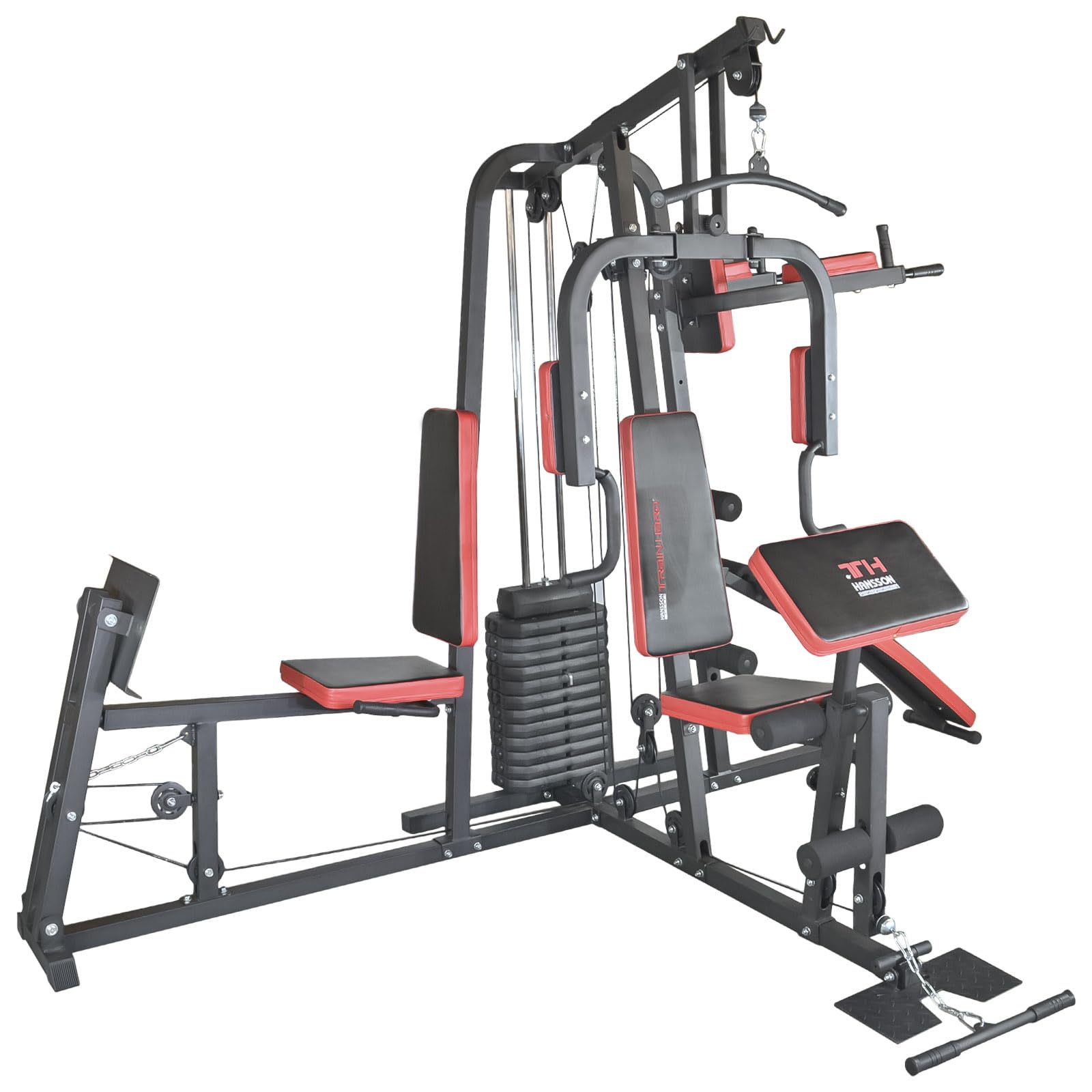 TrainHard® - Estación de entrenamiento para gimnasio en casa, incluye prensa de piernas, estación de inmersión, elevador de piernas y banco para sentadillas