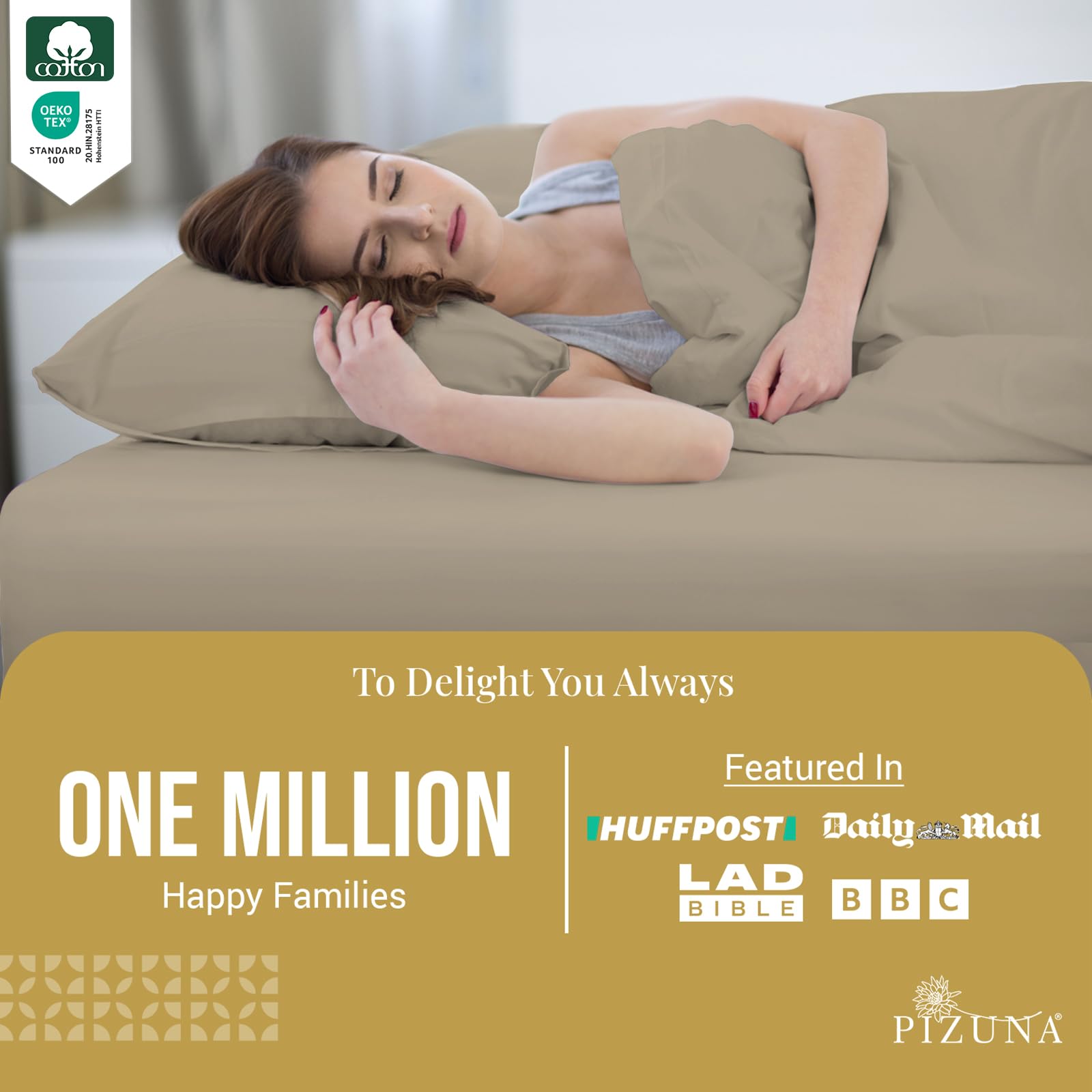 Pizuna Luxury Cotton Fitted Sheets Simply Taupe, 800 Thread Count 100% Long Staple Cotton Emperor Fitted Sheets 200x200cm - Image 2