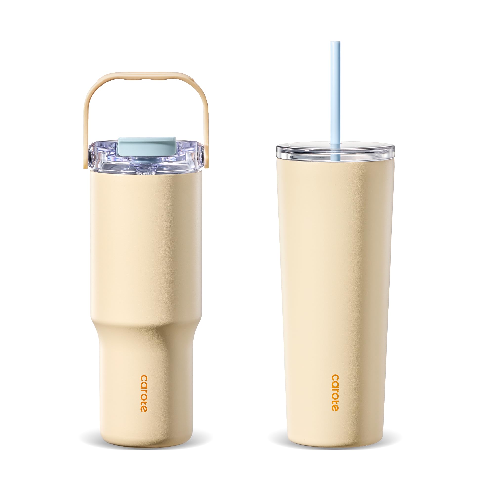 CAROTE 30 oz Insulated Water Bottle with Handle & 32 oz Tumblers with Straw, Leak Proof Dual Drink Ports Lid, Double-Wall Stainless Steel Vacuum Insulated for Travel, School (Yellow)
