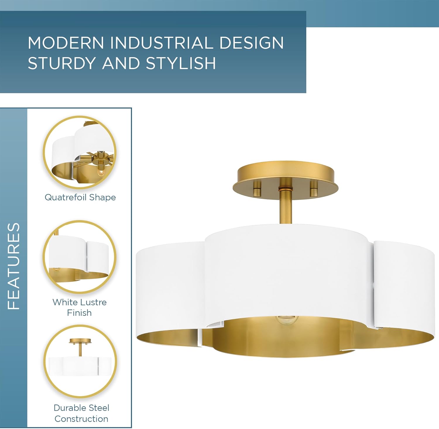 Quoizel Balsam 14" Geometric Semi-Flush Mount, 4-Light White Lustre with Gold Interior, Modern Quatrefoil Ceiling Fixture