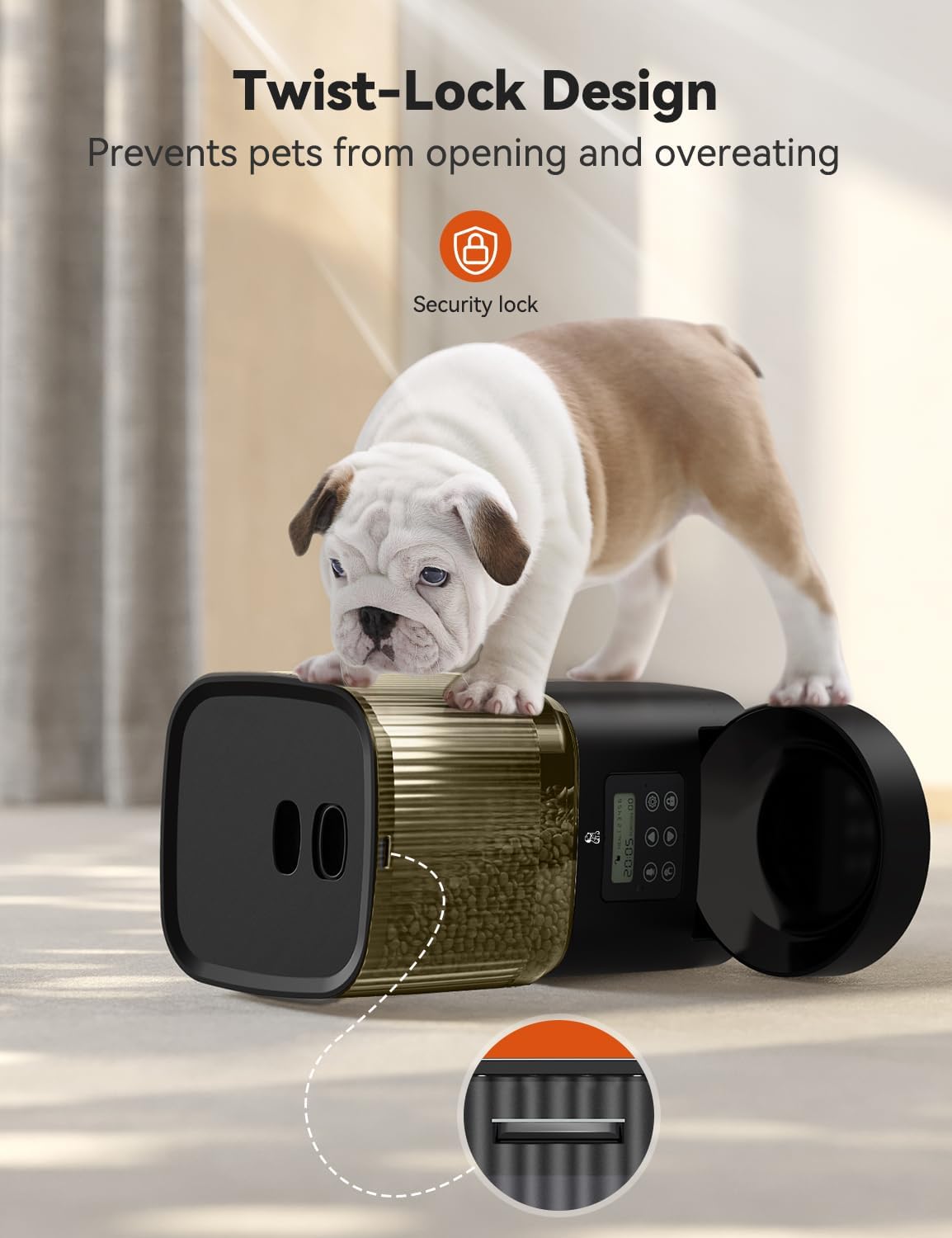 Image showing a puppy trying to open the feeder with a security lock icon