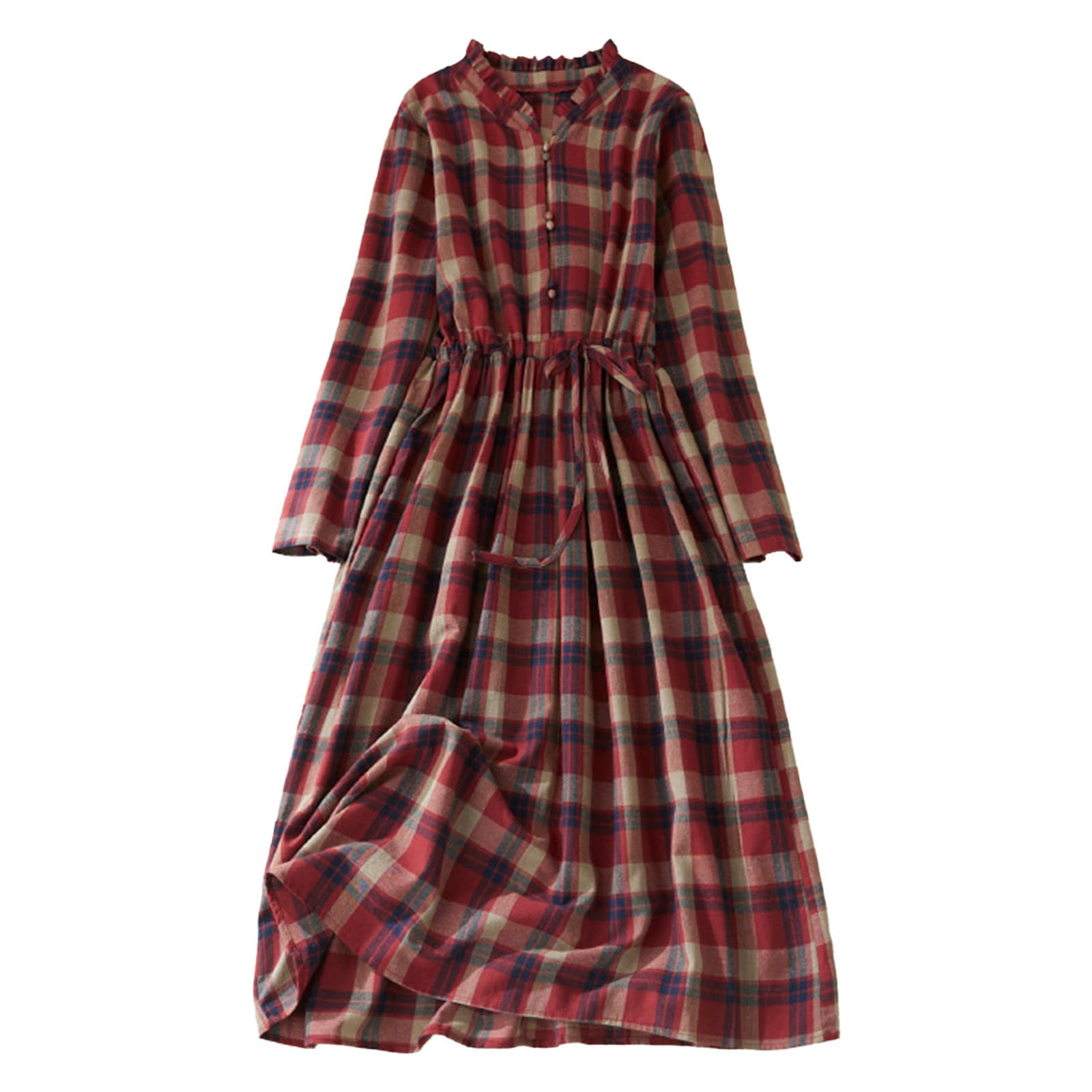 Vintage Plaid Dresses for Women UK Cotton Linen Maxi Dresses Button V Neck Long Sleeve Dress Pleated Boho Beach Holiday Dresses Summer Casual Tunic Dress Elastic Waist Tie Checked Long Dress