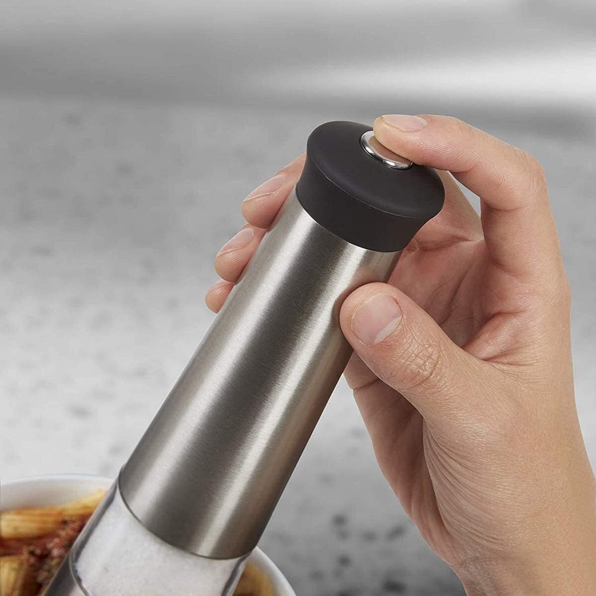 Salt and Pepper Grinder Set Pepper Grinder Refill Salt and Pepper Mill Set, 2 Pack Stainless Steel, Battery Operated, Ceramic Grinding Blade, Automatic Stainless Steel Grinders Shakers with LED Light