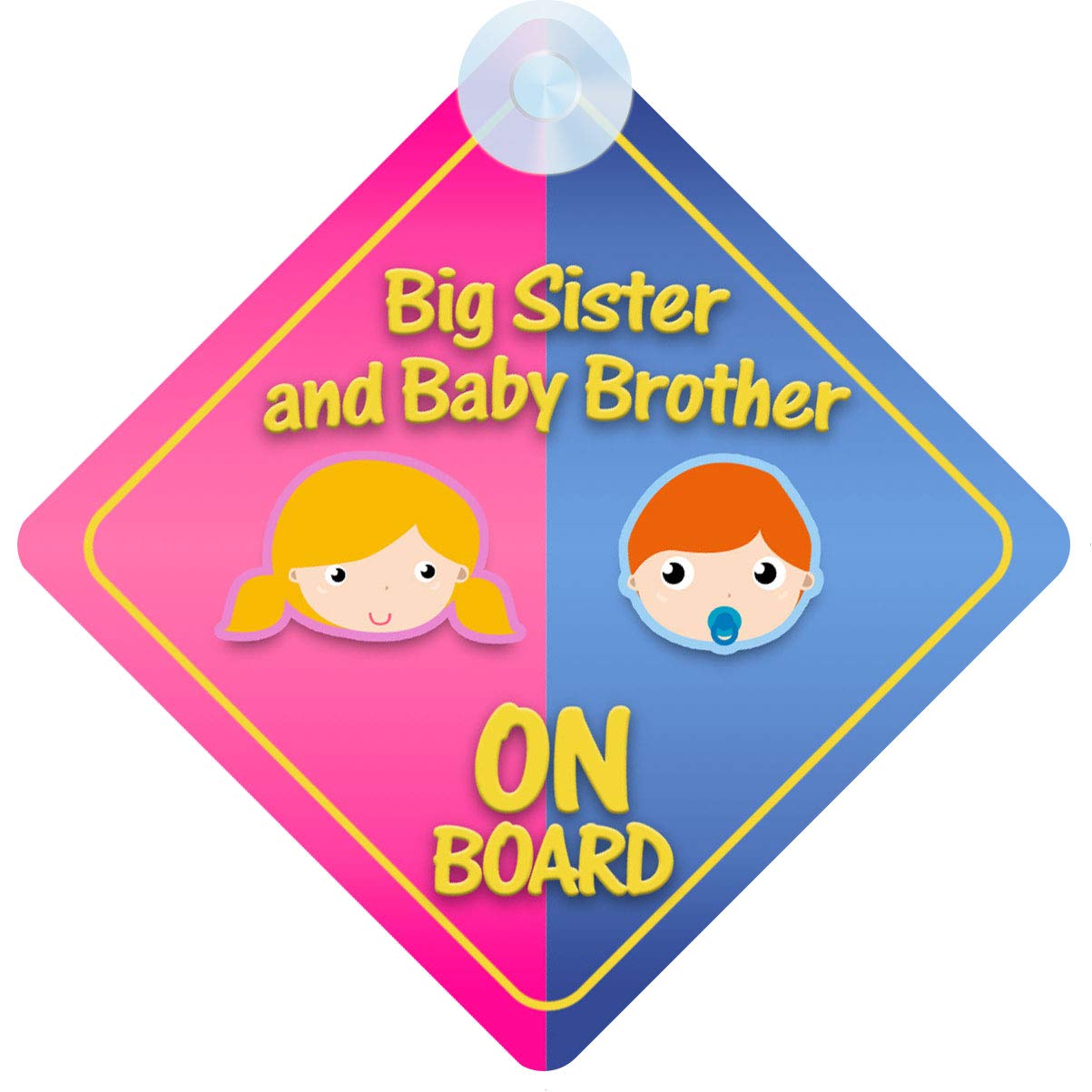 Qg Ltd Pink & Blue Children On Board Car Sign - Big Sister & Baby Brother Design With Strong Suction Cup |