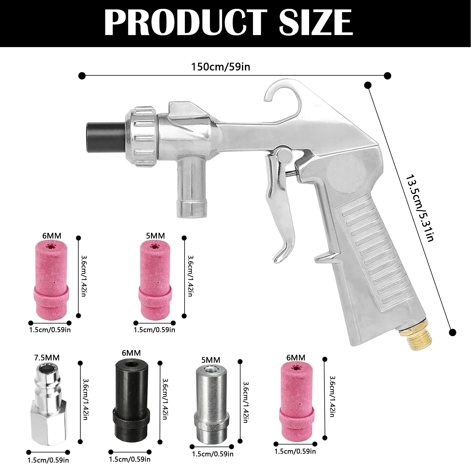 Pistola Sabbiatrice Pneumatica per Compressore con Ugelli e Tubo 1M Gomma Kit