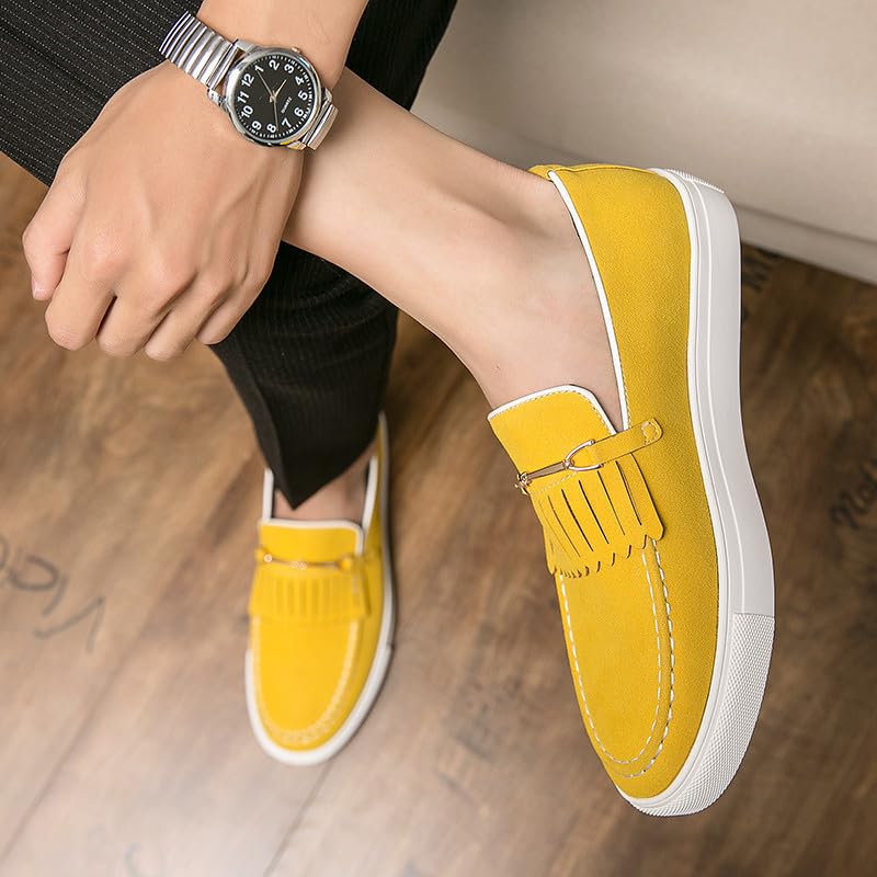 Santimon Mens Suede Loafers Dress Shoes Slip-On Flat Horsebit Loafers for Men Tuxedo Fringed Casual Shoes3