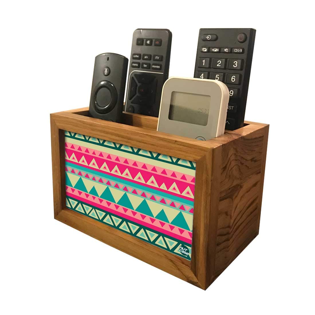 Nutcase Designer Teak Wood TV Remote Stand For Home Remote Holders Organizer Caddy for TV/AC Remotes Control -Multipurpose Desk Organiser-6�x4�x4� - PINK AZTEC 3