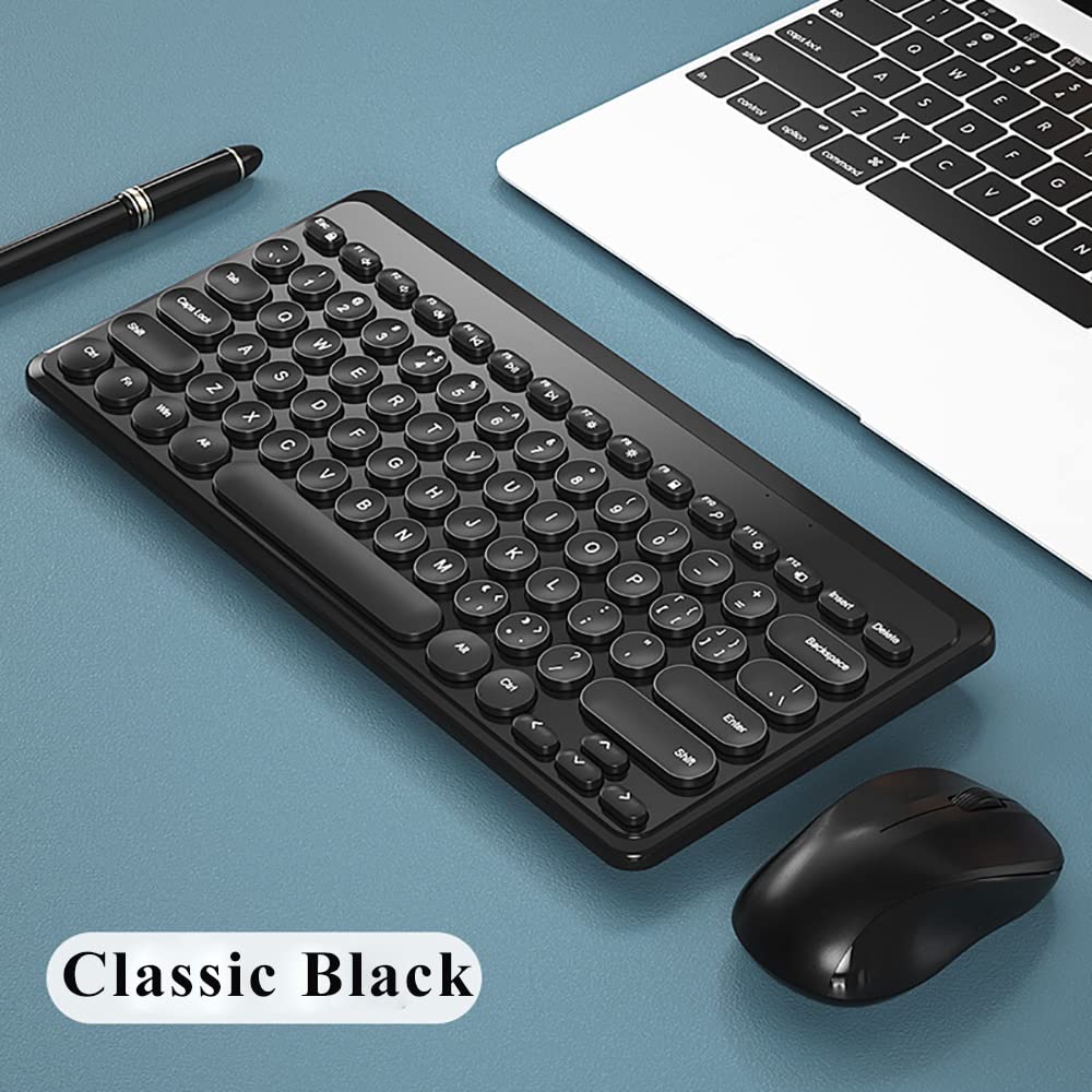 Compact Keyboard MouseCombo,JieruiDeng 79-Key Retro Mini Cute Computer Keyboard 2.4G USB Wireless and Silent Mice Set for Laptop Desktop PC iPad (Black)