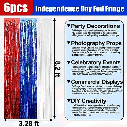 Image of 6 Pack White Blue Red Foil Fringe Curtain Backdrop, 3.28Ft x 8.2Ft Metallic Tinsel Foil Fringe Streamer Curtains for Photo Booth, Christmas Day, Thanksgiving, Wedding, New Year Party Decorations