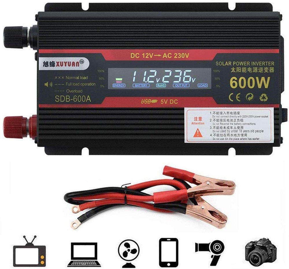 Inversor de Corriente 600W Modificado DC 12V 24V a 110V 220V AC Inversor de automóvil con Adaptador de automóvil USB con Pantalla LED, 24VTO220V