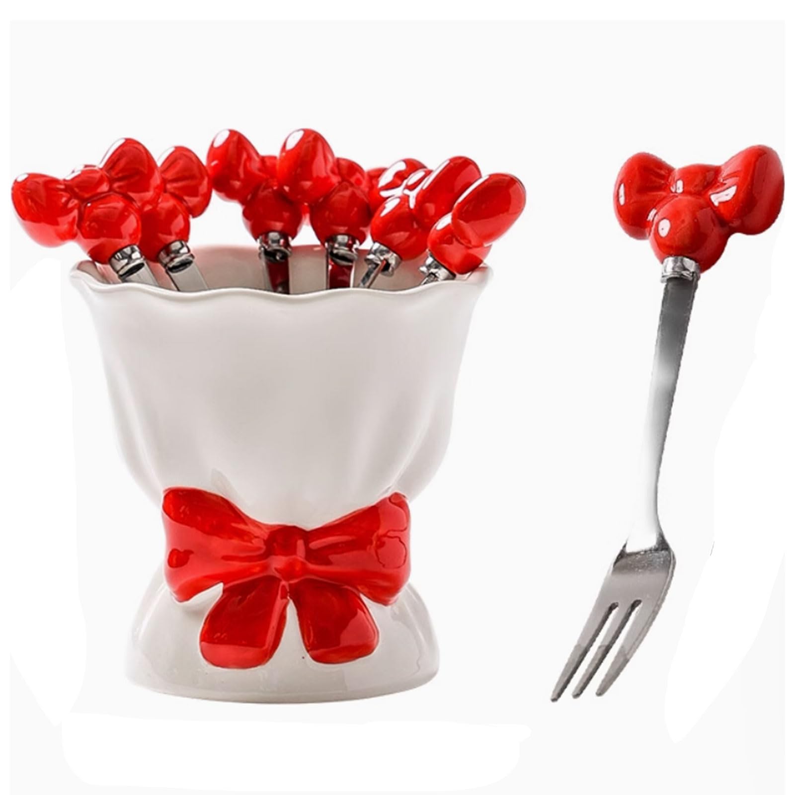 Fourchettes à Fruits/Dessert en Acier Inoxydable avec Noeud Décoratif Ustensiles de Cuisine Créatifs avec Porte-Couverts, Cures-Dents Élégants pour Cadeau, Set de 6