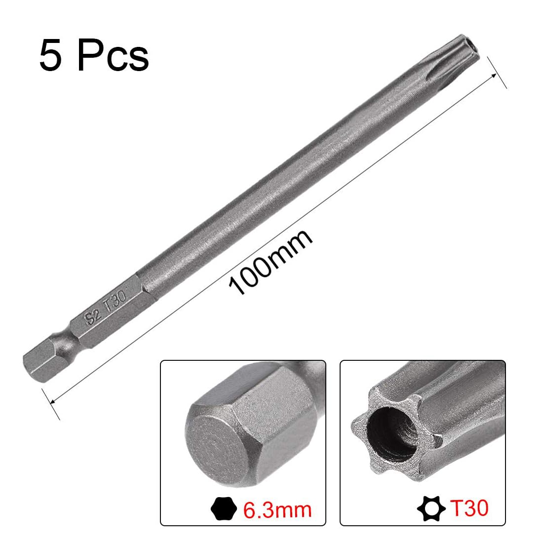 TA-VIGOR 5Pcs T30 Torx Head Screwdriver Bits 1/4 Inch Hex Shank - Image 2