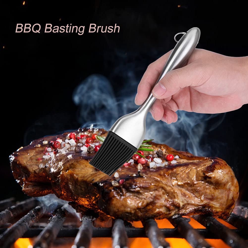 Food Brush, Stainless Steel Handle Silic1 Basting Barbecue Oil Brush BBQ Roasting Tool for Kitchen (Straight Handle 20cm)
