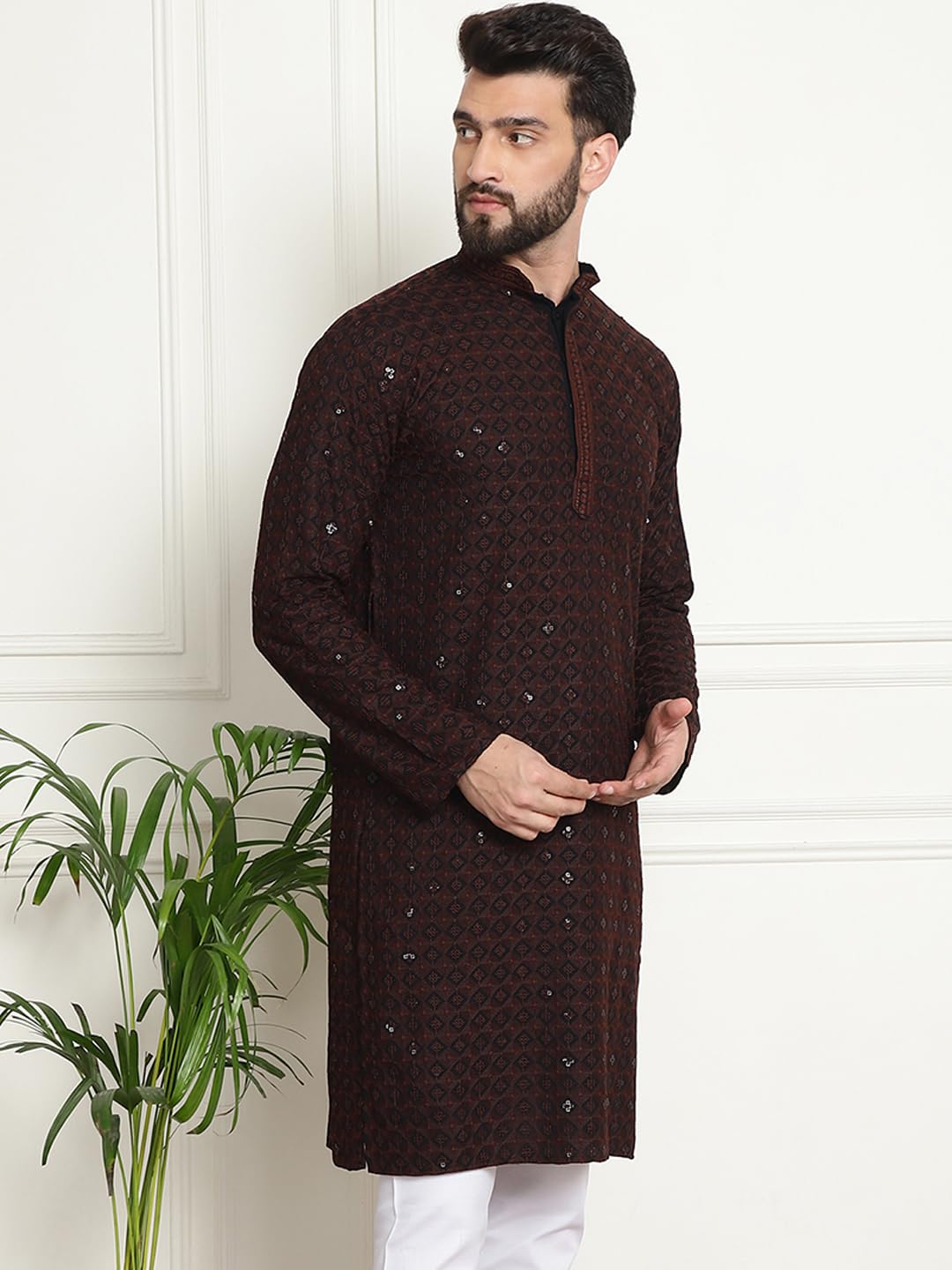 Sojanya (Since 1958 Men's Cotton Contrast Embroidered Sequinned Coffee Brown Long Kurta