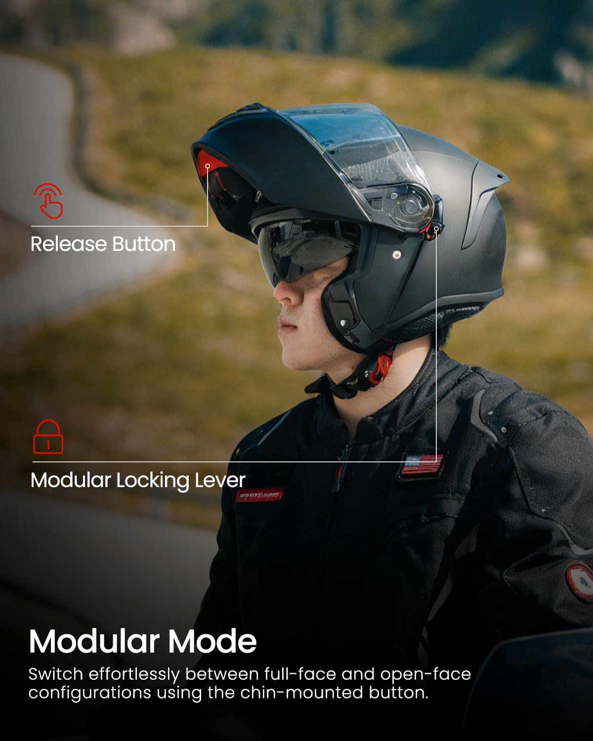 ILM Składany kask motocyklowy Mężczyźni Kobiety ECE 22.06 z podwójnym wizjerem kask integralny model FF959, matowa czerń, M