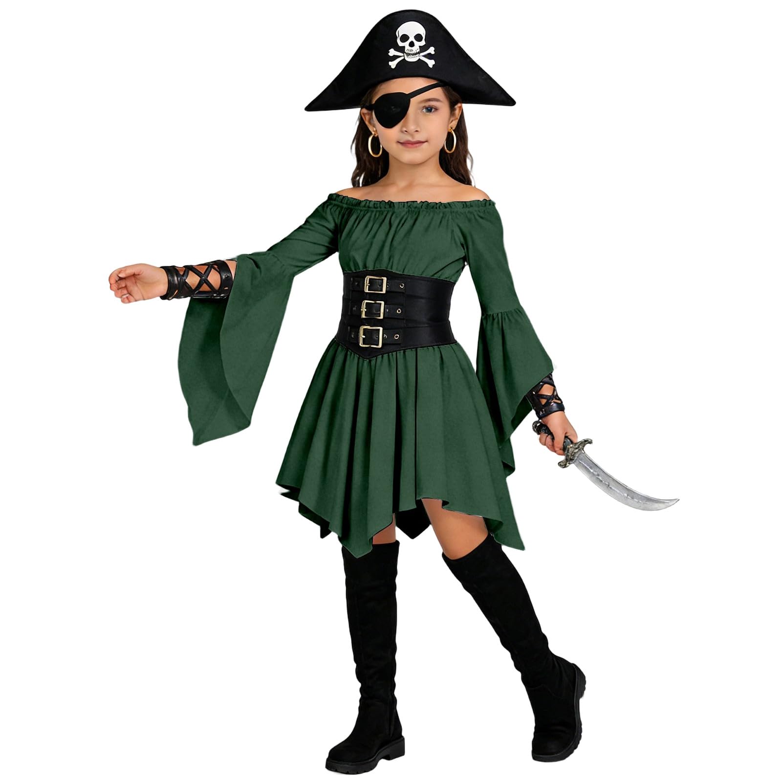 Pirate Costume Kids,Girls White Pirate Dress Ruffle Romper Dress White Pirate Halloween Costume Puff Sleeve Smocked Jumpsuit Overall Elastic Waist Mini Dresses