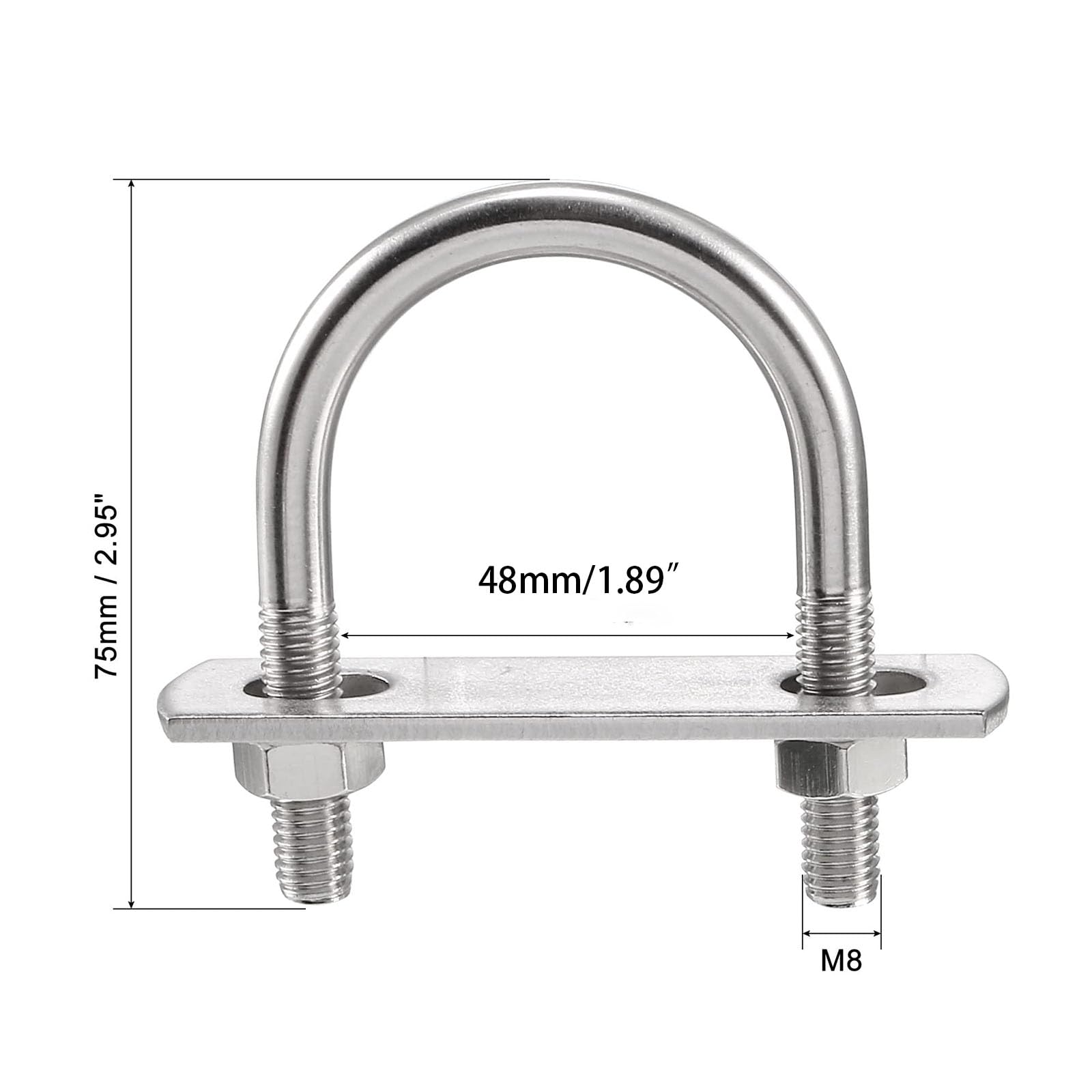 TA-VIGOR 4 sets M8 Round U-Bolts, 47mm Inner Width 75mm Length 304 Stainless Steel U-Bolts with Nut, Plate - Image 2
