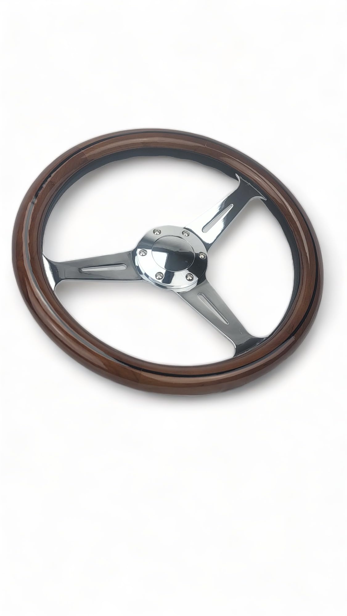 JEGS Classic Mahogany Wood Grain Steering Wheel, Chrome Slotted 3-Spoke [14 In. Diameter - Foto 2