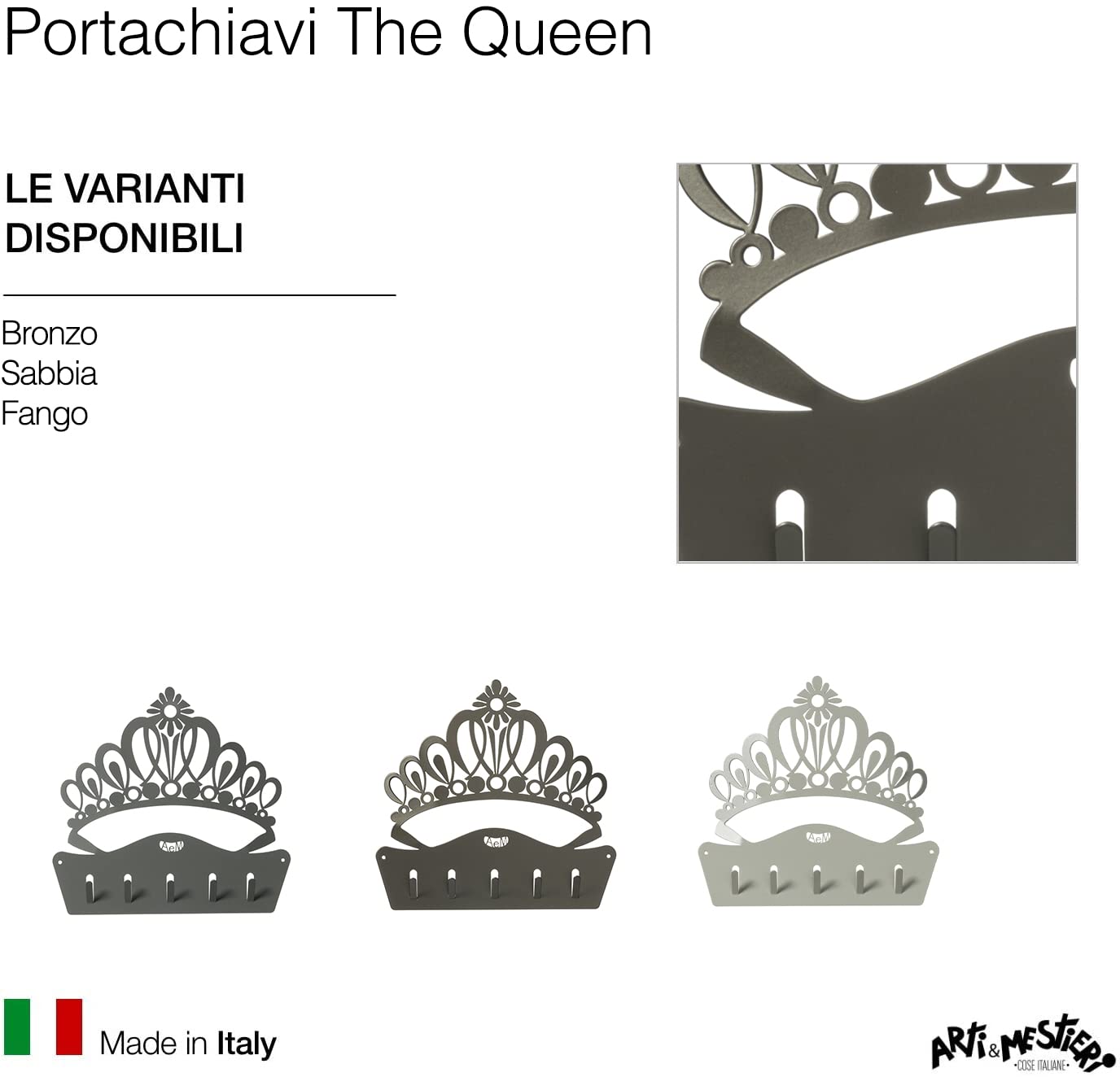 Arti & Mestieri The Queen - Porta Chiavi da Muro di Design 100% Made in Italy - in Ferro, 25 x 22h cm (Bronzo)