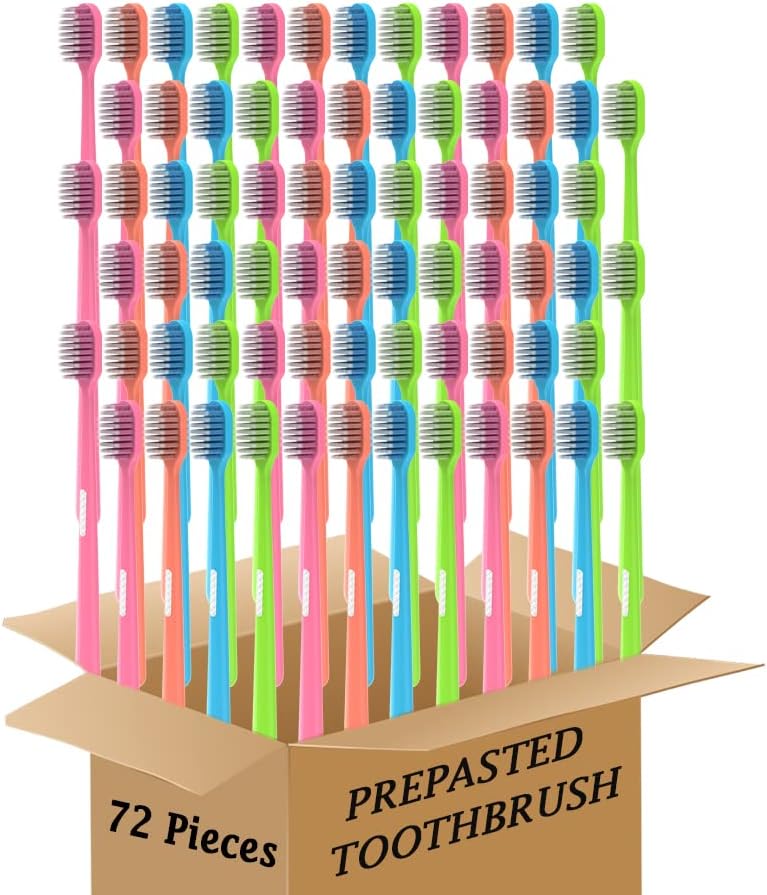 Colorful Prepasted toothbrushes Soft Bristles Adult Size Disposable Toothbrush Individual Package Travel Toothbrush (72 Pieces)