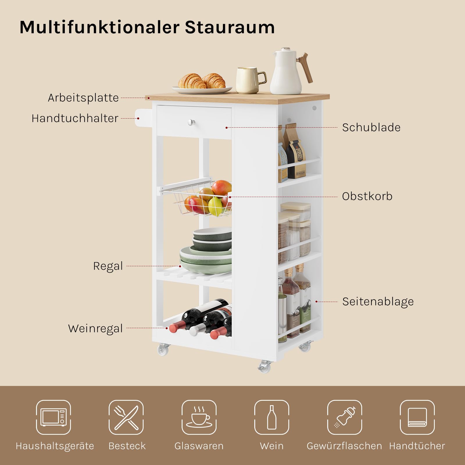 WOLTU Küchenwagen mit Rollen, Mobile Kücheninsel mit Arbeitsplatte, Servierwagen mit Schublade Weinregal und 3 Seitenablagen, für Küche Esszimmer Wohnzimmer, Bambus + Weiß