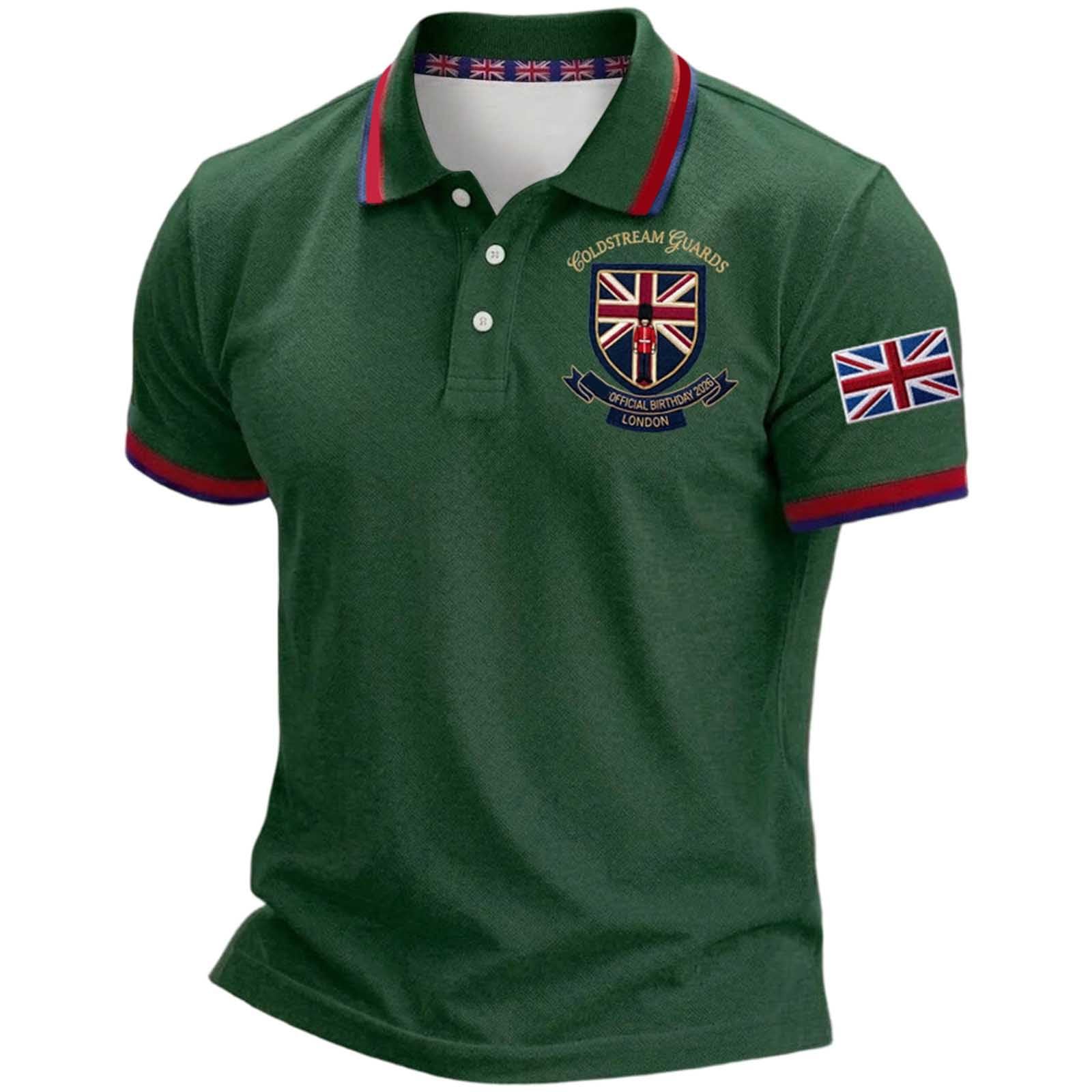 Mens England Polo Shirts Football 2026 Short Sleeve Collared Neck Great Britain Bunting Flags Print Union Jack T Shirt England Football Jersey Tops Breathable Fans Shirts (002-Green, L)