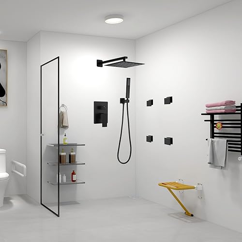 Miniatura 7 de annazom Juego de grifo de ducha negro mate con chorros de cuerpo de 10 pulgadas, cabezal de ducha de mano negro mate, montaje en pared de alta