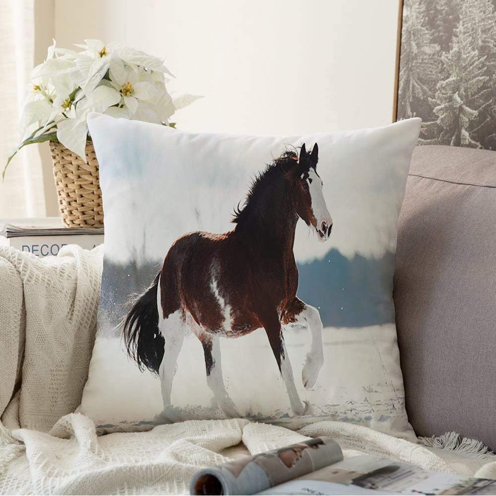 Starocha Throw Pillow Covers for Couch Sofa Bedding Clydesdale Beautiful Horse Winter Runs Field Gallop Mane Equine On Snowy Animals Outside Wildlife Decorative Pillows Cushion Case 18x18 Inch