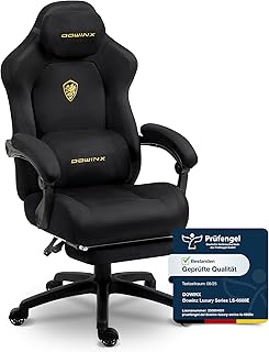 Dowinx Gaming Stuhl Ergonomisch mit Massage-Lendenkissen, Höhenverstellbare Kopfstütze, Verdicktes Sitzpolster, Ausziehbare Fußstütze, Verstellbare Armlehnen, Mikrofaser-Velours, 160° Neigbar, Schwarz