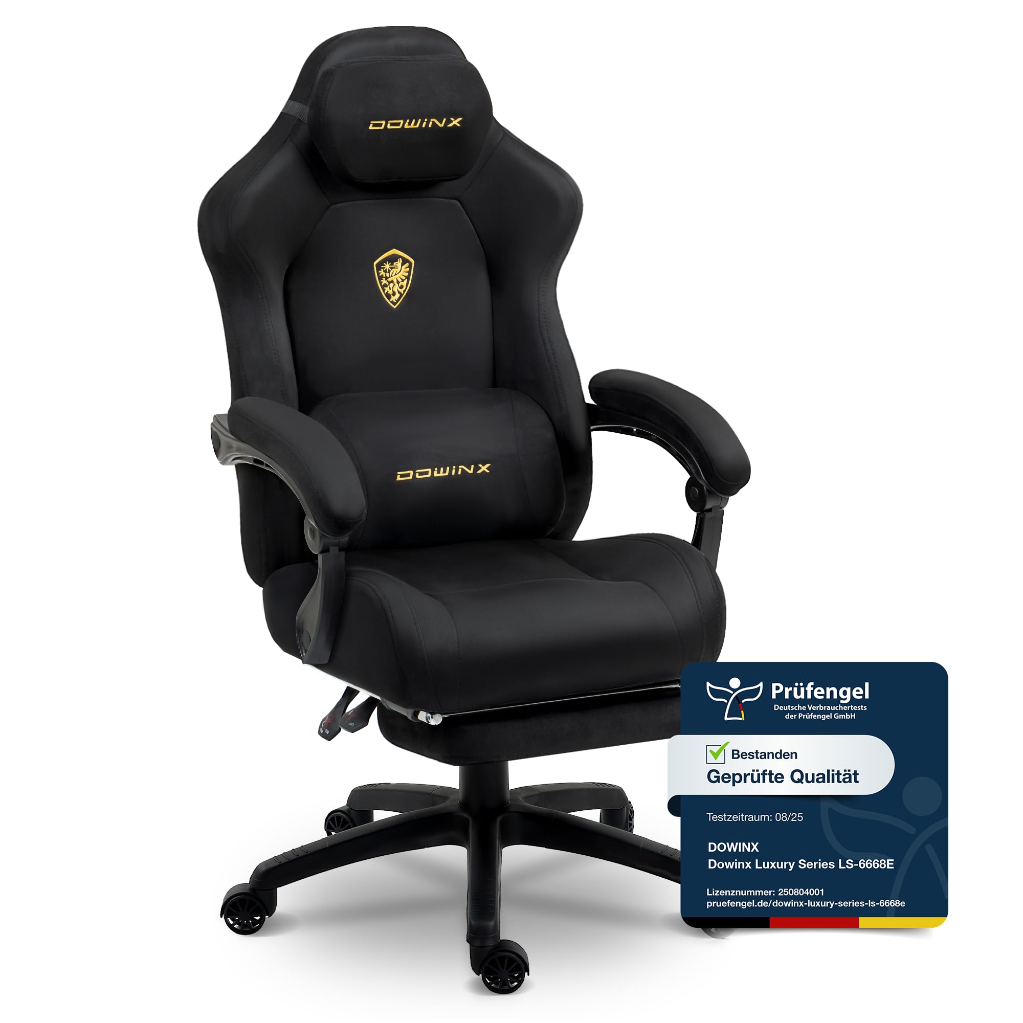 Dowinx Gaming Stuhl Ergonomisch mit Lendenkissen, Höhenverstellbare Kopfstütze, Verdicktes Sitzpolster, Ausziehbare Fußstütze, Verstellbare Armlehnen, Mikrofaser-Velours, 160° Neigbar, Schwarz