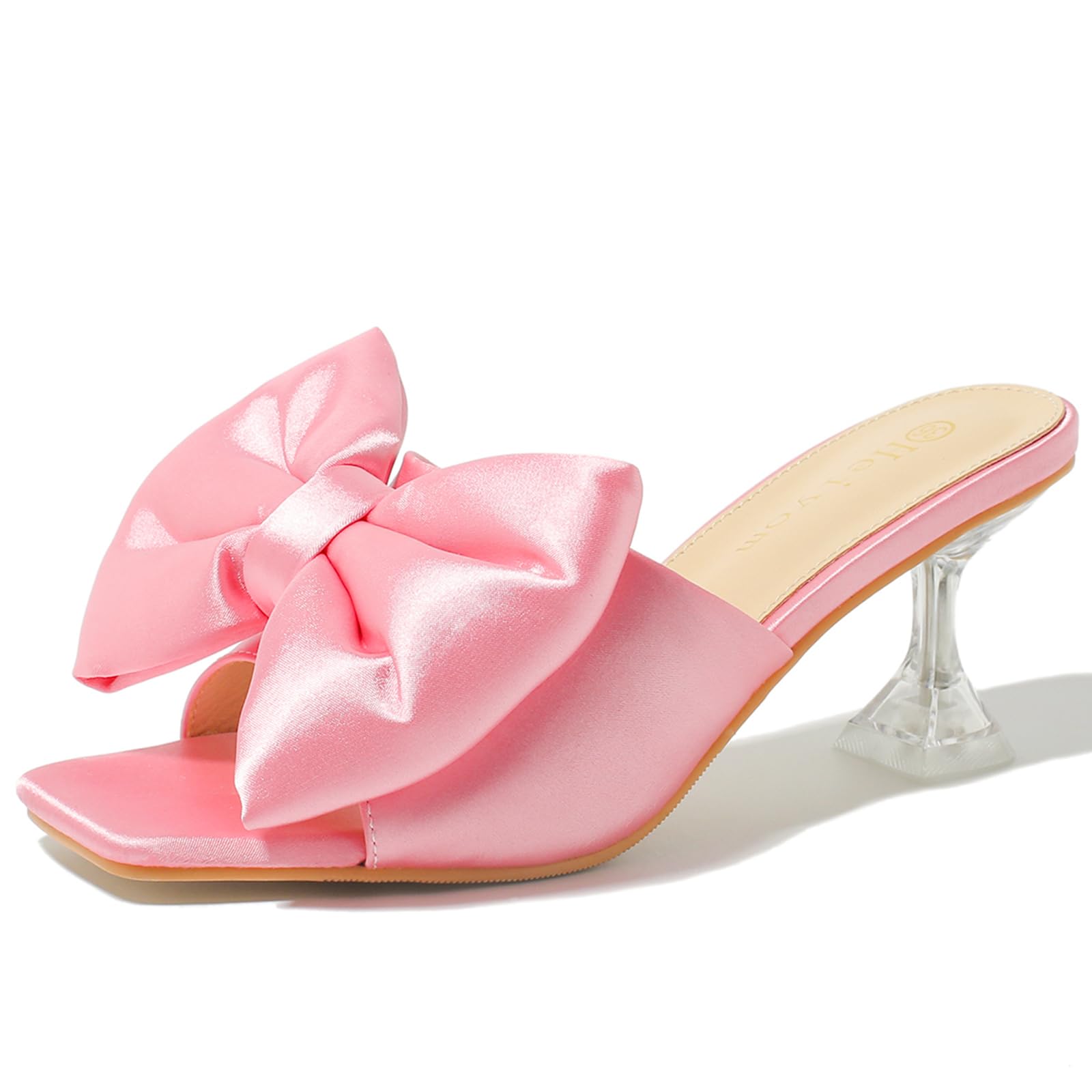 HeiyomWomen's Square Toe Low Stilettos Heels Mules Sandals Slip on Satin Bow Heels Wedding Bridal Party Dress Shoes
