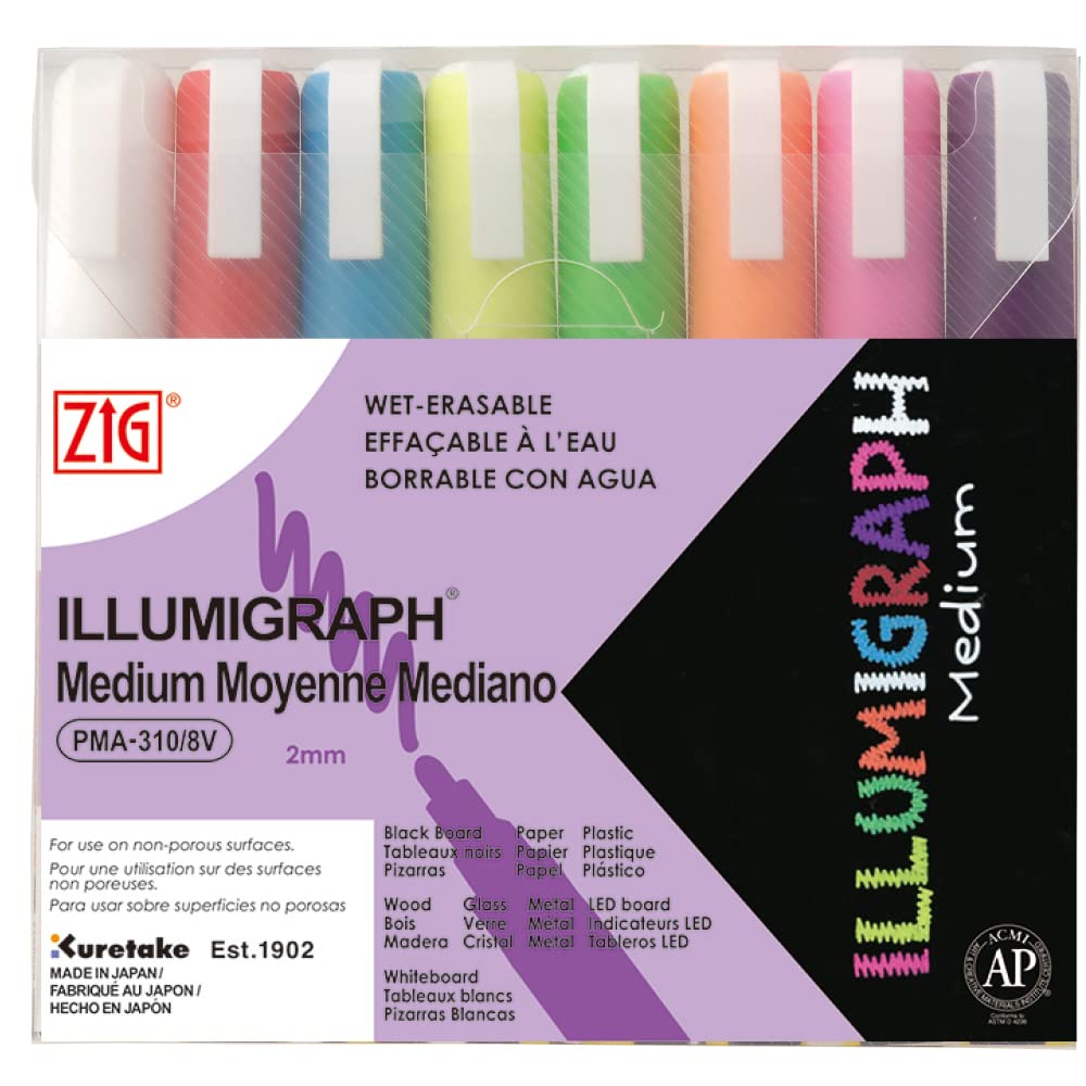 ZIG ILLUMIGRAPH Medium 8 colors set 2 mm 8 colors set Posterman chalk markers are effective on surfaces such as glass, plastic, metal, wood and stone. Made in Japan