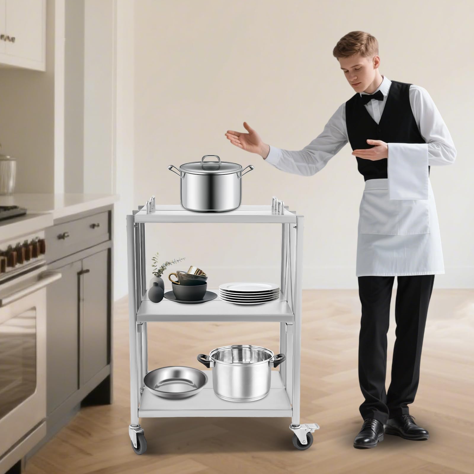 Carro de servir con ruedas, 3 niveles plegable de acero inoxidable, mesa giratoria de metal resistente, carrito de cocina con encimera y asas de acero inoxidable, ideal para restaurante, cocina y