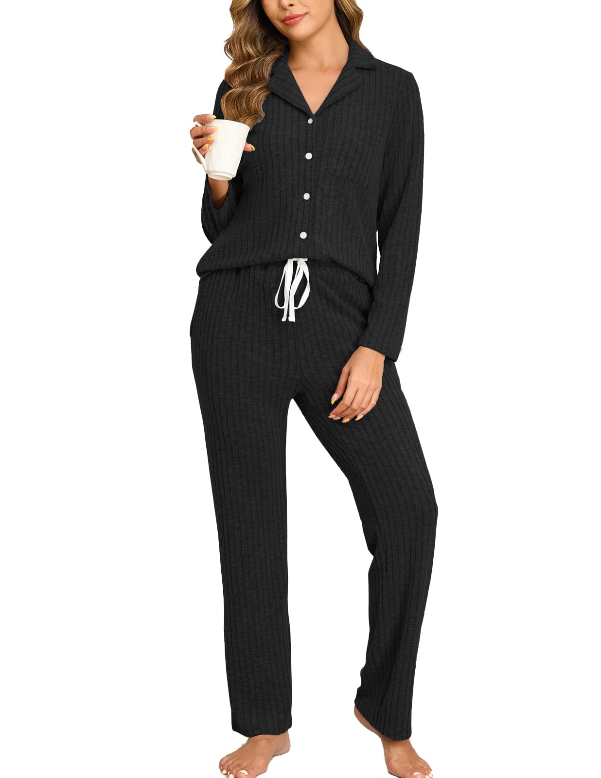 Veseacky Women Ribbed Knit Pajamas Set Lounge Set 2-Piece Warm Sleepwear Nightwear Soft Fleece Pjs Set S-XXL