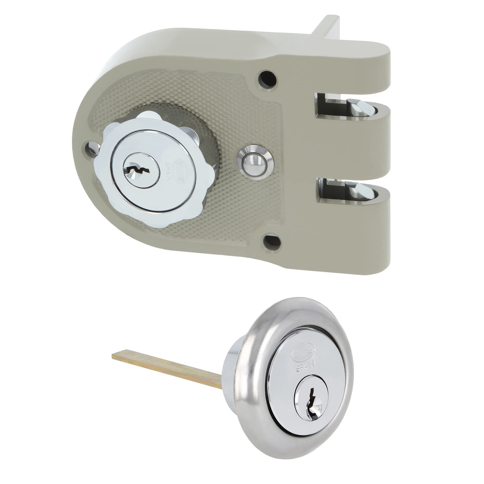 Amig - Verrouillage de Surpose Droite avec levier de Fermoir, Languette et Poignée pour Portes en Bois Mod. 1396 | 60 mm | Loquet avec Cylindre Intérieur et Extérieur | Acier Beige