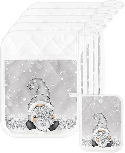 Juego de 4 agarraderas de gnomos de Navidad para cocina, antideslizantes y aislantes de calor, juego de agarraderas de tela de toalla con bolsillo,