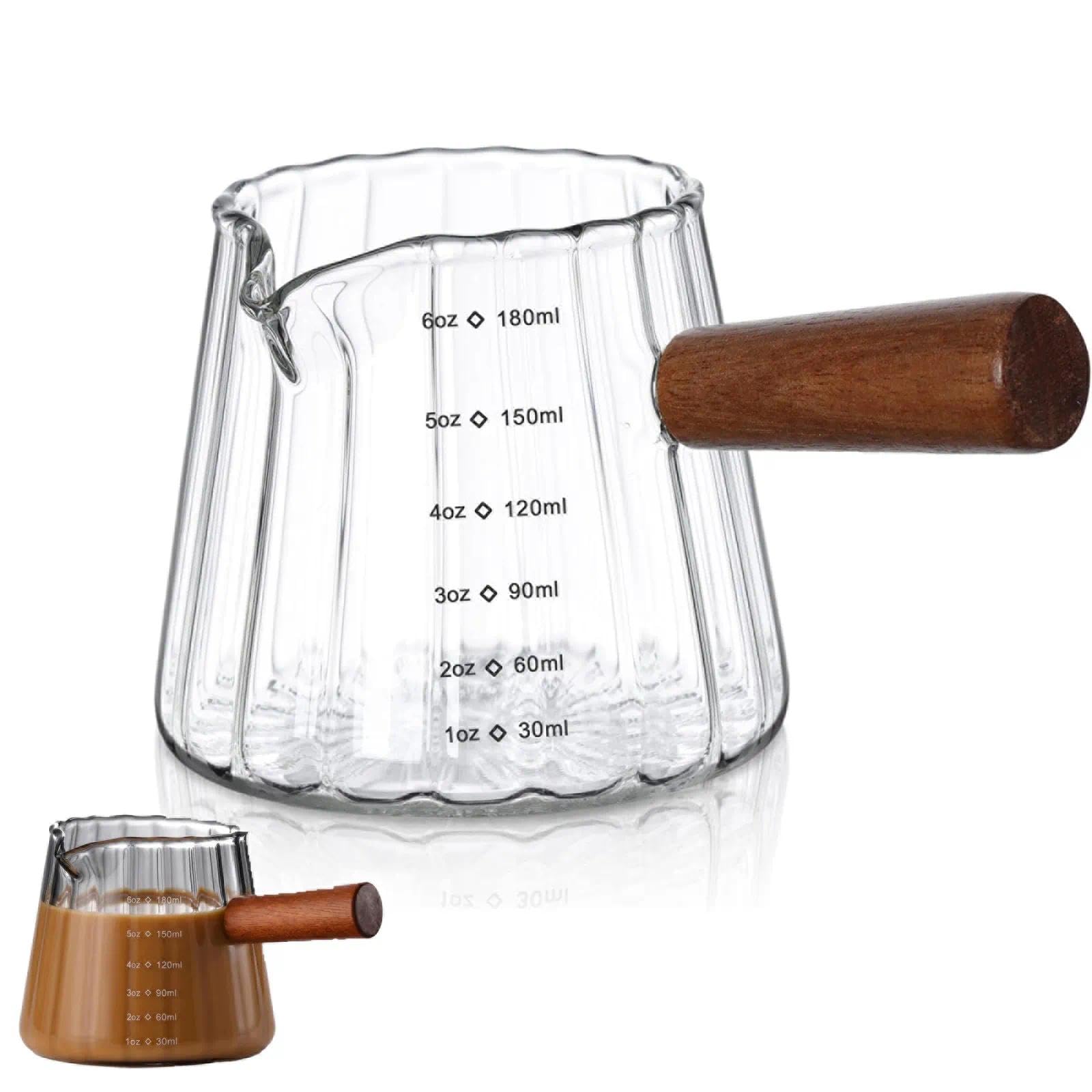 180ml Espresso Measuring Cup with Wood Handle, High Borosilicate Heat Resistant Glass Shot Cup, Dual Scale V-Shaped Spout Coffee Measuring Jug for Coffee Extraction, Milk Frothing, Baking and Cocktail
