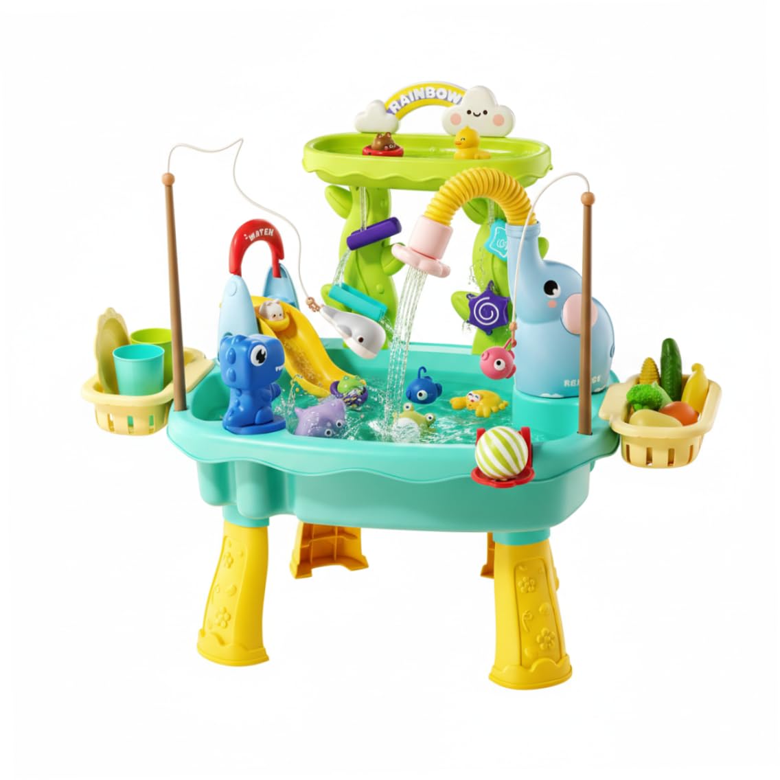 Mesa freática para niños, Juego de Mesa de Arena y Agua, 2, 6 en 1, Juguetes Azules para niños con tobogán de riego circulante, Pesca y Baloncesto.