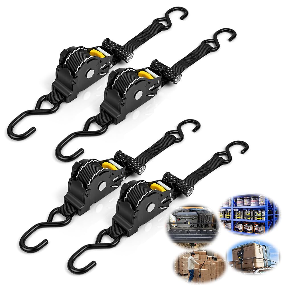 4 Piezas Correas de Amarre con trinquete, Ajustable Cinchas de Amarre con Hebilla (25 mm x 3.3 m), Carga 680kg Tensor de Carraca para Motocicletas, Baca, Remolques, Carga, Bicicleta, Piraguas