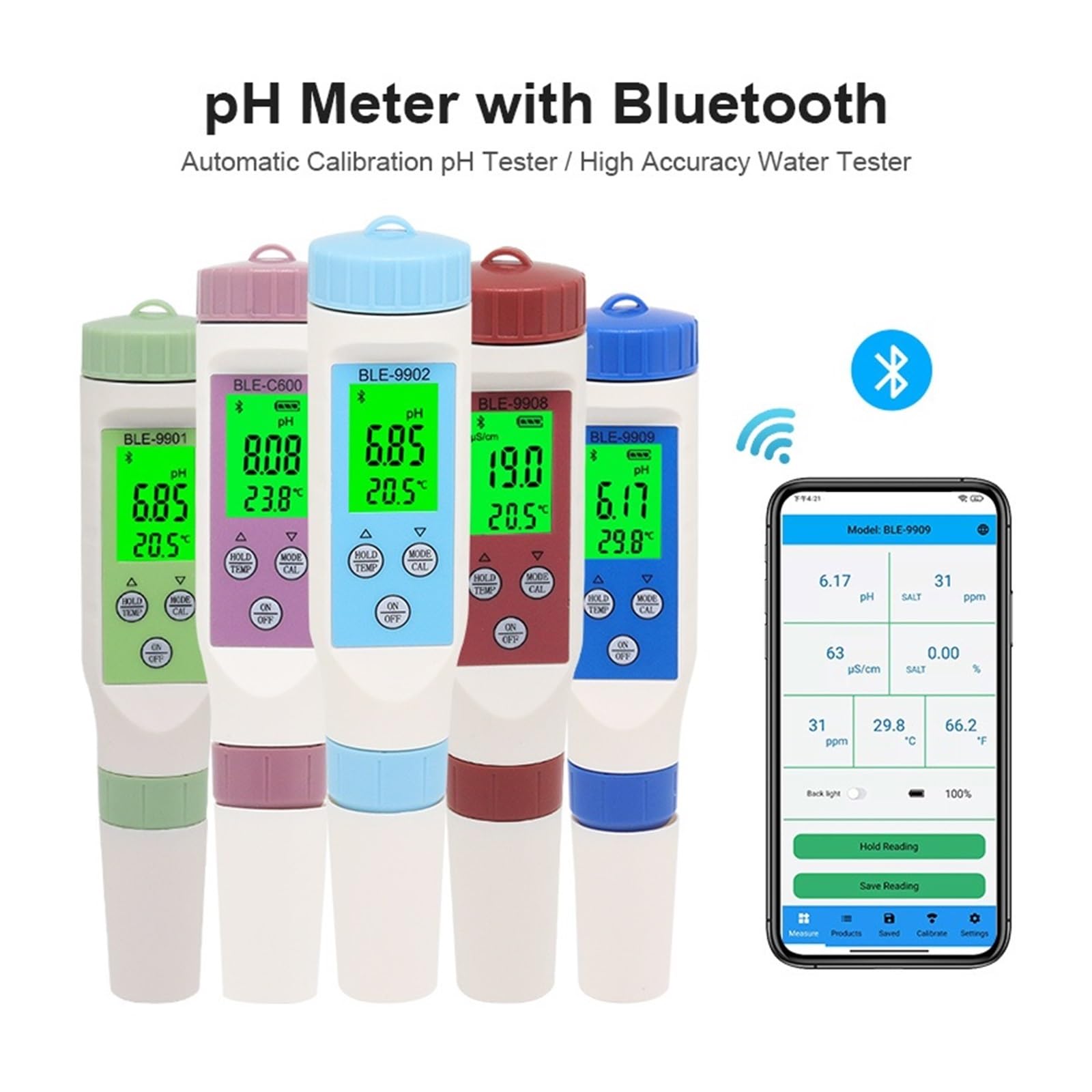 Medidor Agua 3/4/5/7 En 1 Medidor De PH Bluetooth TDS/EC/ORP/salinidad/SG/Herramienta Temperatura Monitor Calidad del Agua Digital Probador For Acuario Multiusos Preciso Fácil(BLE-9909)